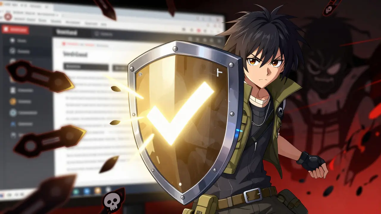 Anime hero shielding wallet from phishing attacks