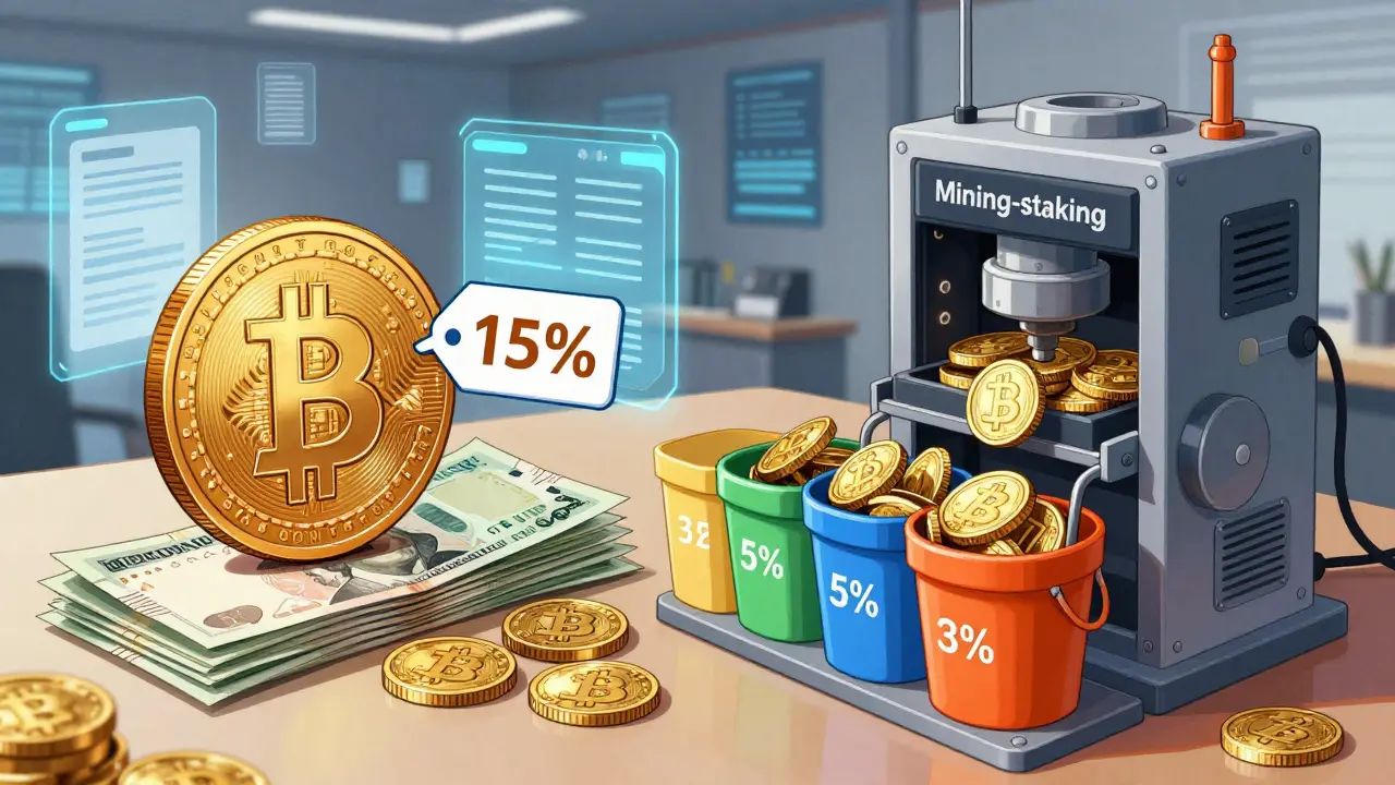 Anime illustration comparing flat 15% crypto tax vs progressive income tax rates.