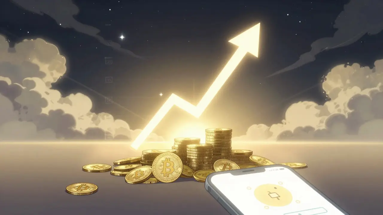 Anime illustration of an upward trending arrow symbolizing modest crypto price growth outlook.