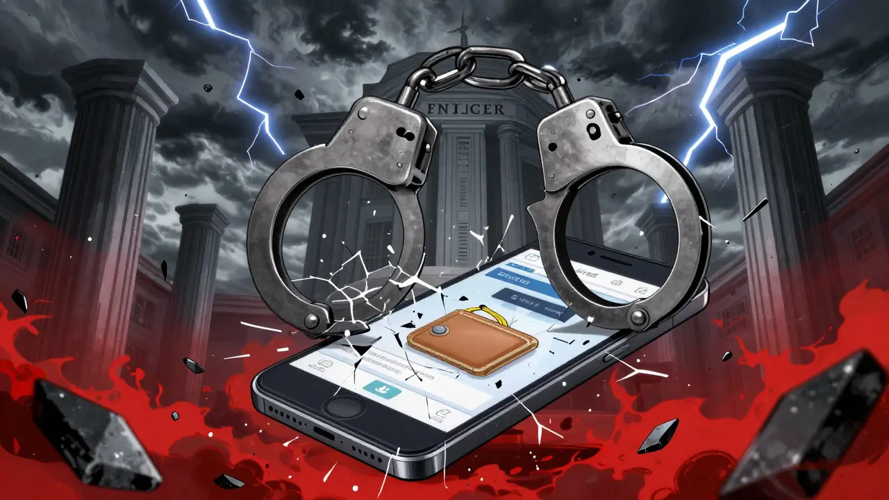 Anime illustration of handcuffs closing on a frozen crypto account under legal pressure
