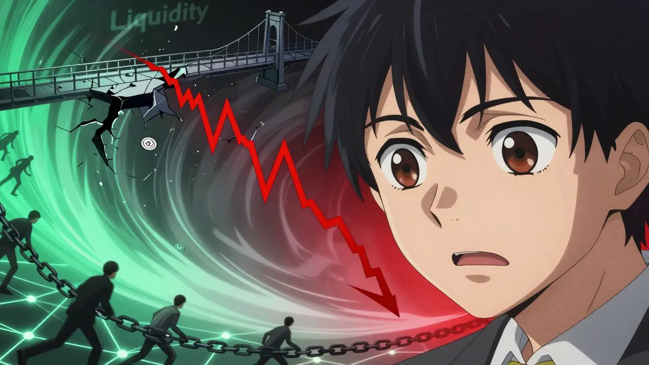 Anime investor looking at a crashing price chart and breaking liquidity bridge