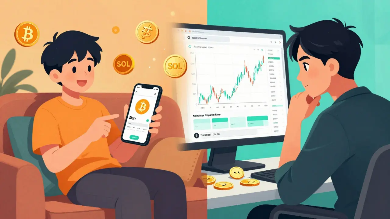 Anime split screen of beginner and pro traders