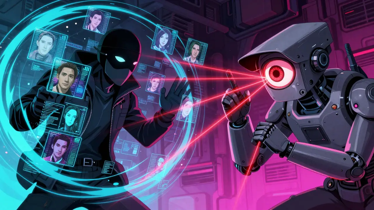 Anime style battle between AI deepfake tech and biometric security scanners