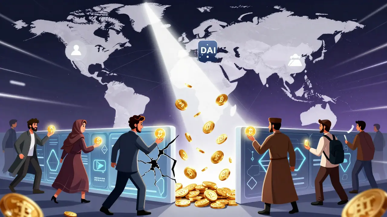 Anime style depiction of Iranians switching from USDT to DAI stablecoins