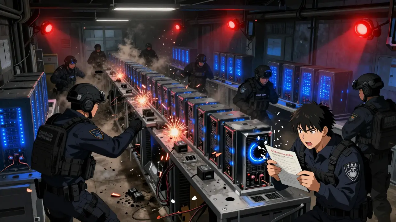 Anime style scene of authorities raiding an illegal crypto mining farm
