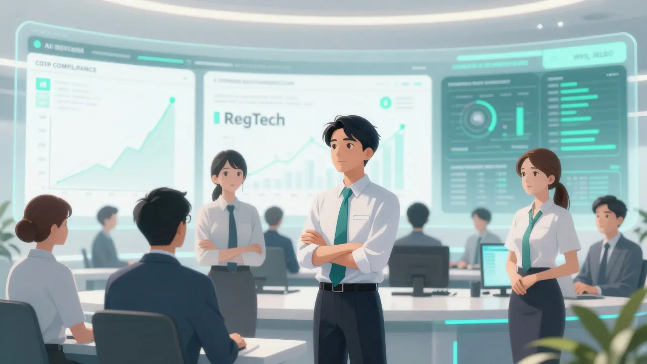 Anime team using AI compliance software in a futuristic, safe command center