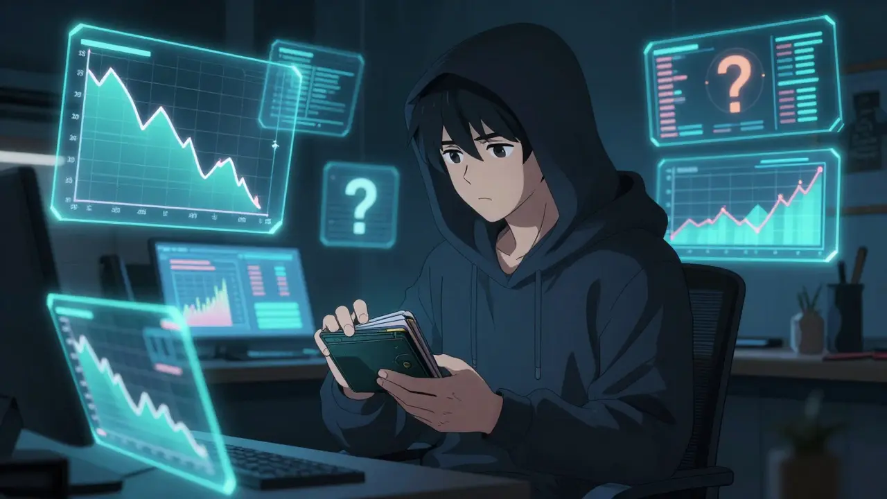 Cautious investor analyzing risky crypto data on screens