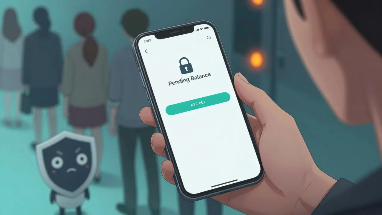 Close-up of smartphone showing pending balance lock and privacy mascot character