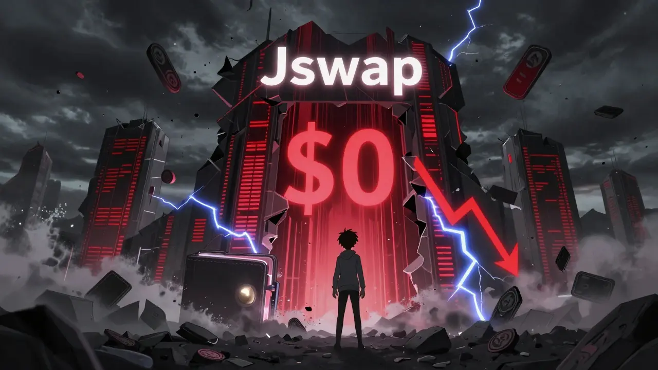 Dark anime scene of Jswap platform collapsing into digital dust
