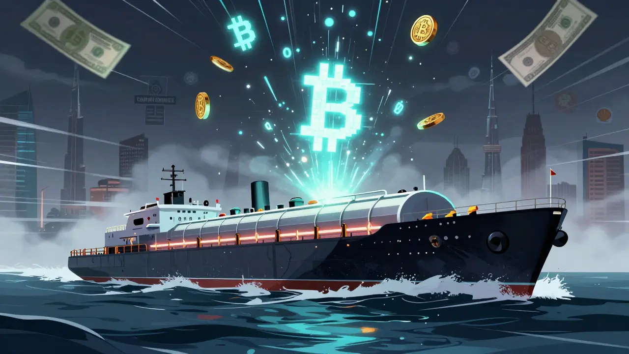 Digital Bitcoins flowing from tanker ships to global markets