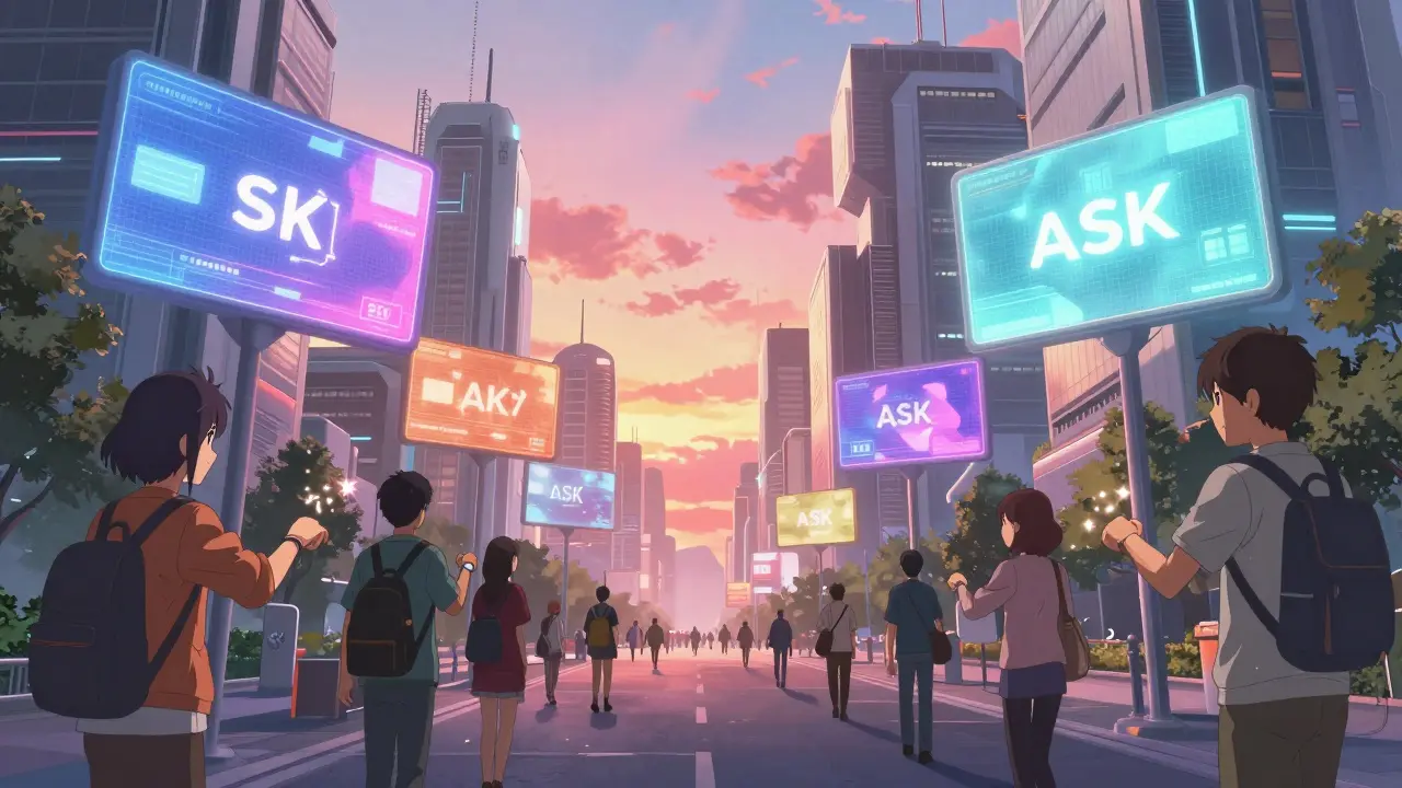 Futuristic city with people earning light tokens from holographic ads in anime style