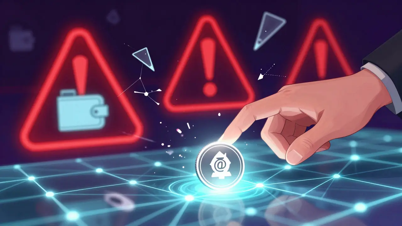 Hand grabbing stablecoin token while frozen wallets shatter