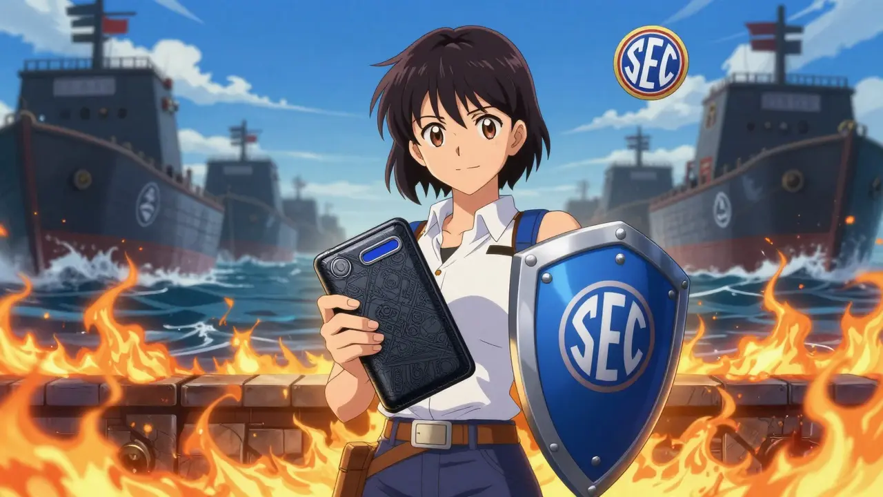 Heroic anime character protecting assets with a hardware wallet against dark threats