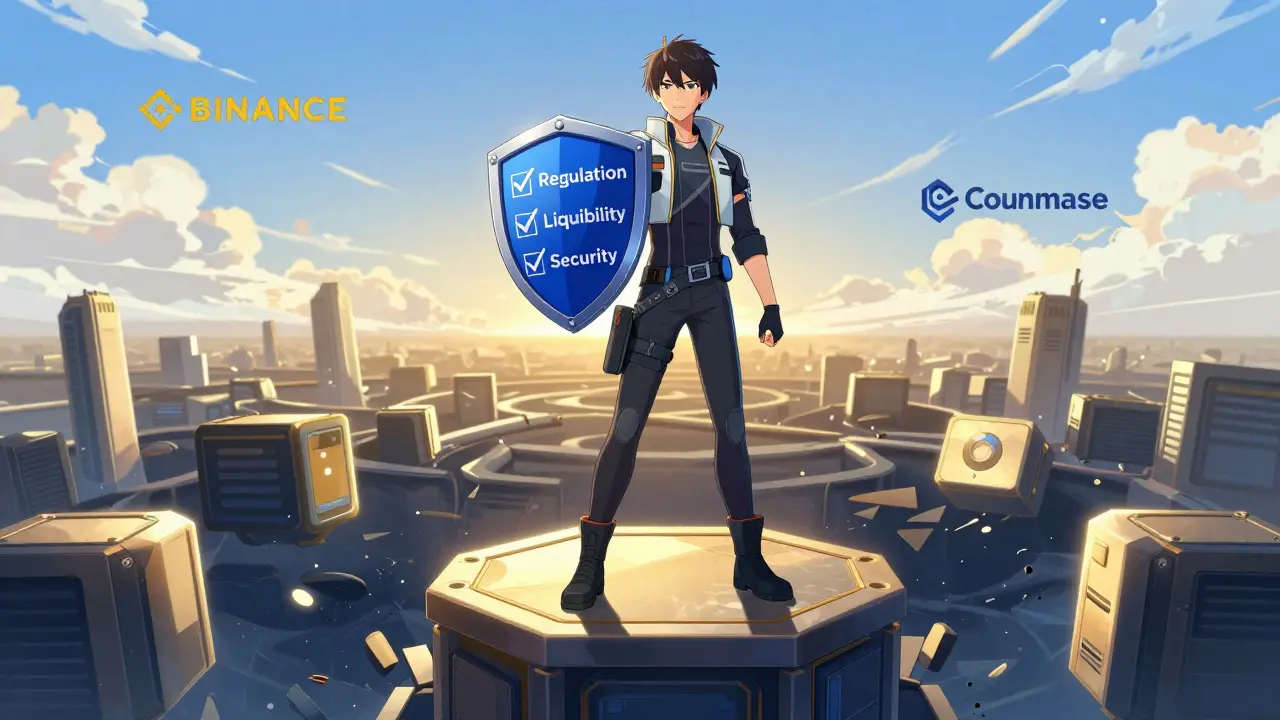 Heroic anime user choosing safe, regulated crypto exchanges over risky ones
