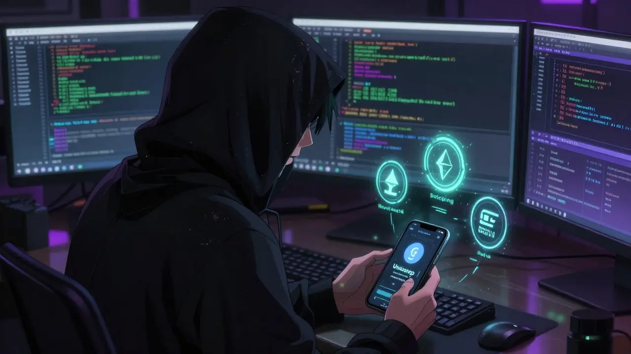 Hooded anime hacker trading crypto on decentralized app