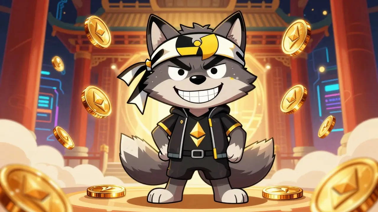 Landwolf anime character with Wu-Tang hat surrounded by crypto coins.