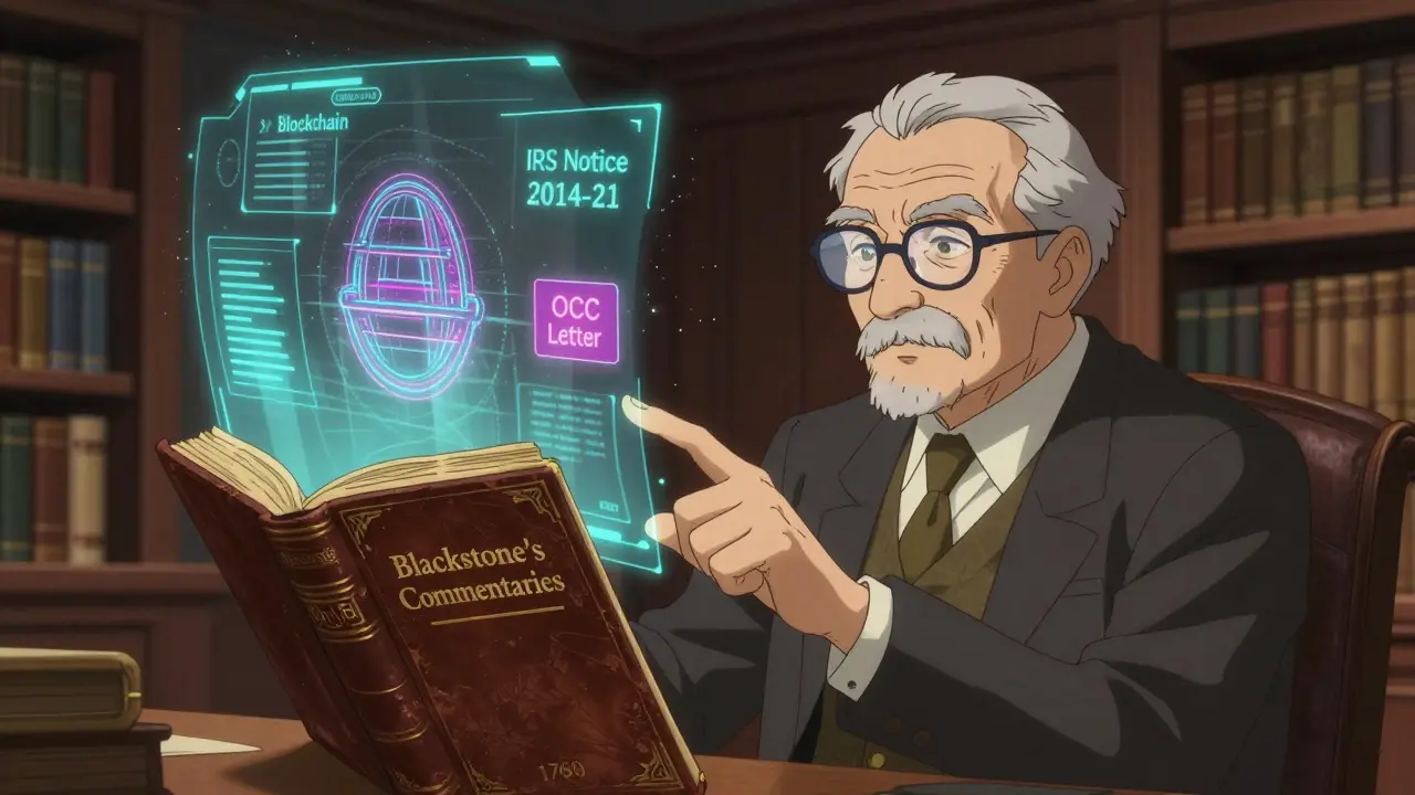 Lawyer pointing at old law book while digital crypto terms float around