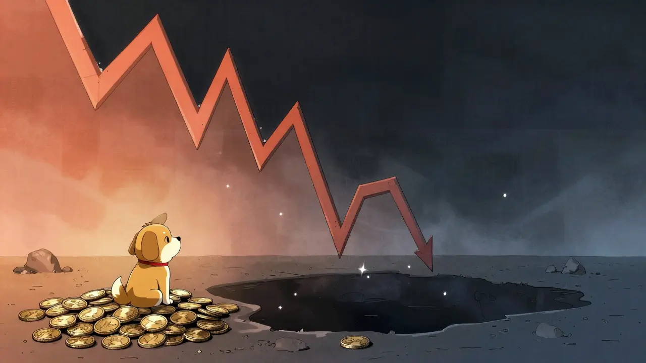 Lonely anime dog next to crashing crypto chart graph