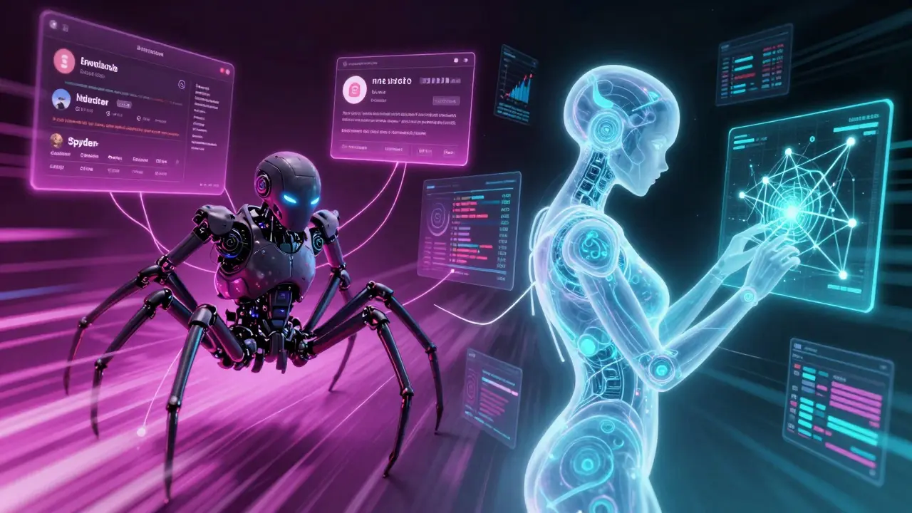 Manga style AI bots Spyder and Spectra analyzing crypto social sentiment data streams.
