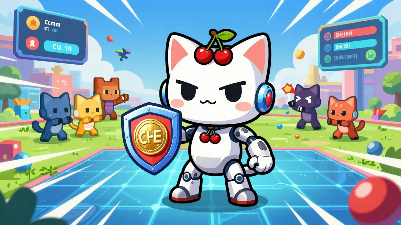 Robotic cat NFT character in a blockchain gaming arena with cherry accents