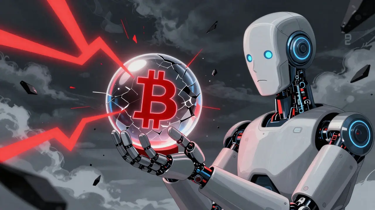 Robotic hand holding cracking Bitcoin sphere amidst red lightning storm