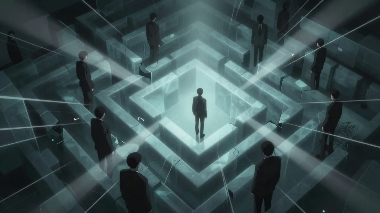 Shadowy figures guiding a user through a confusing blockchain maze in anime style