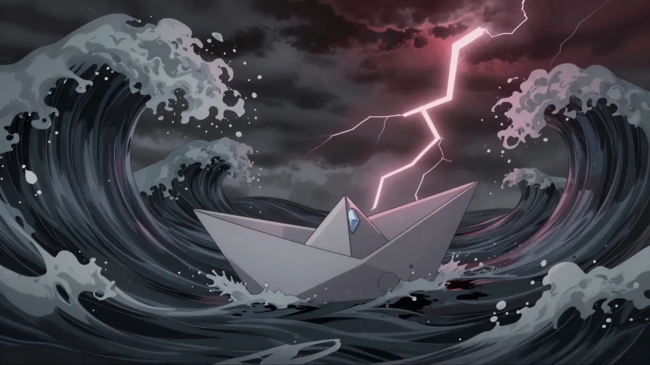 Small boat struggling against stormy waves representing low liquidity