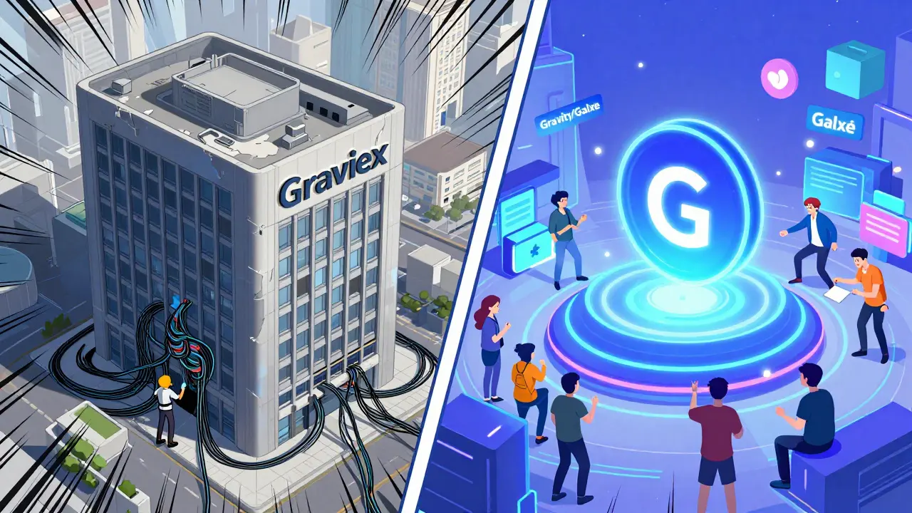 Split screen showing Graviex struggles vs Galxe token ecosystem in anime style