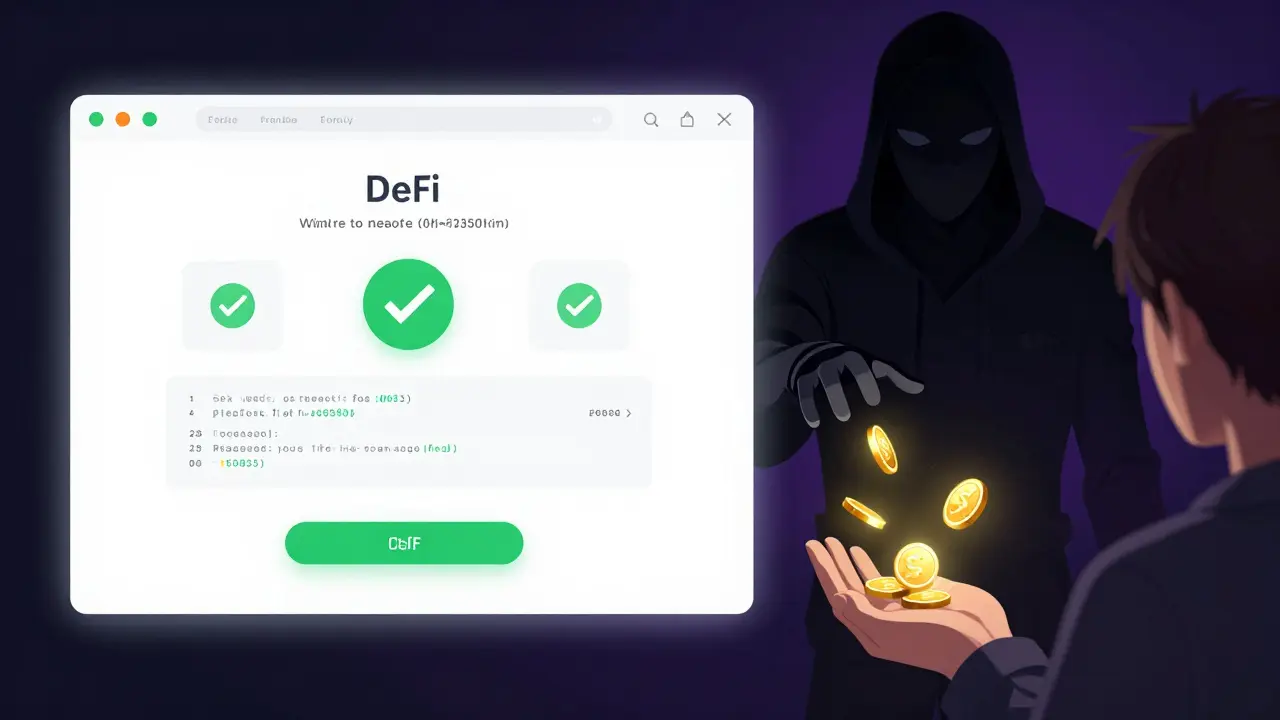 Split screen showing safe wallet use vs dark scammer stealing coins