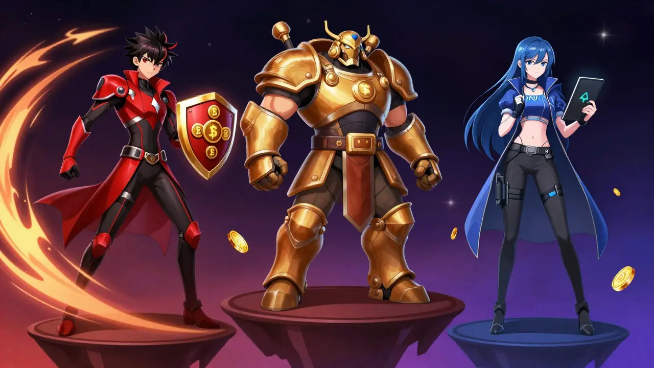 Three anime avatars representing DEX competitors comparing speed and efficiency on floating islands.