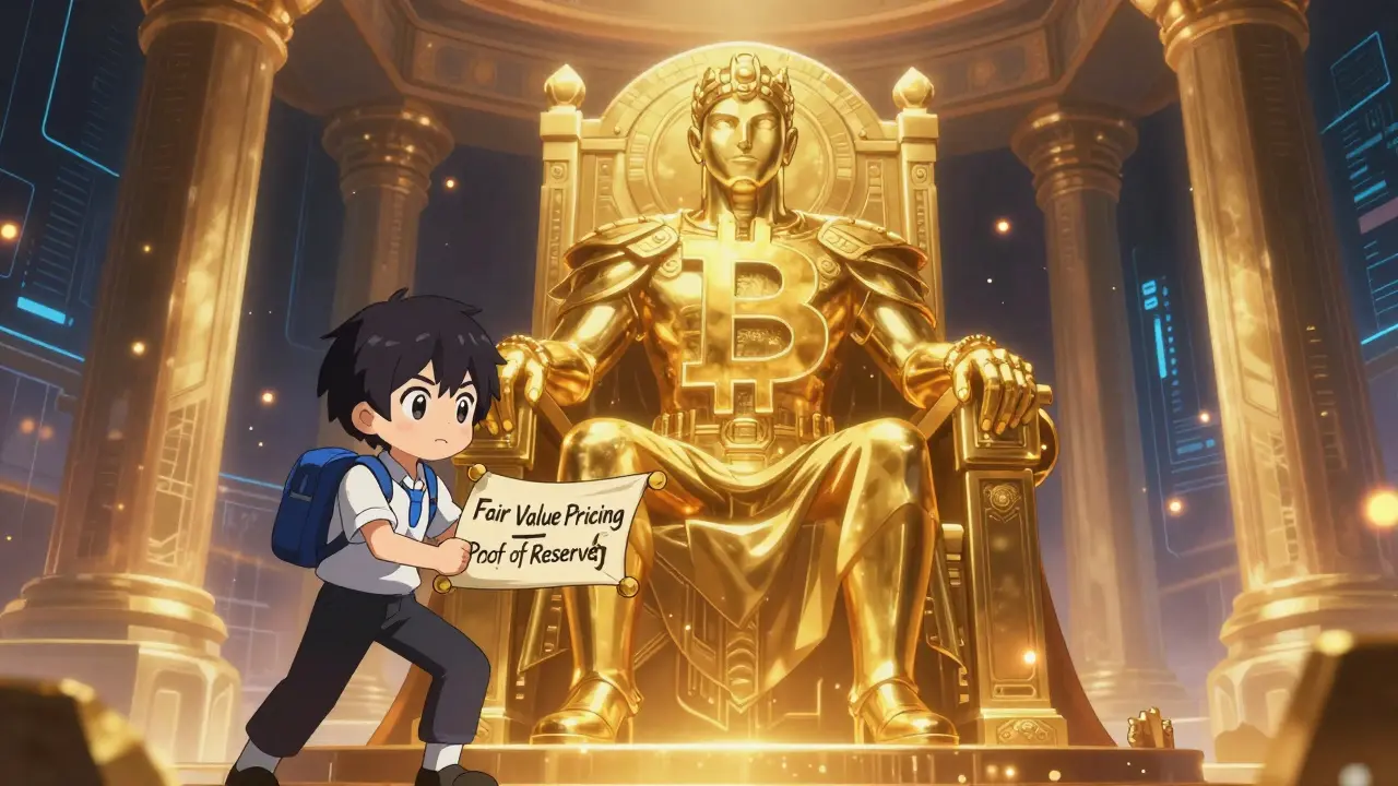 A cinematic anime illustration of a golden Bitcoin character on a Layer-2 throne receiving a scroll of fair value pricing from a DIA messenger, surrounded by glowing particles in a futuristic temple setting, emphasizing trust in Bitcoin DeFi.