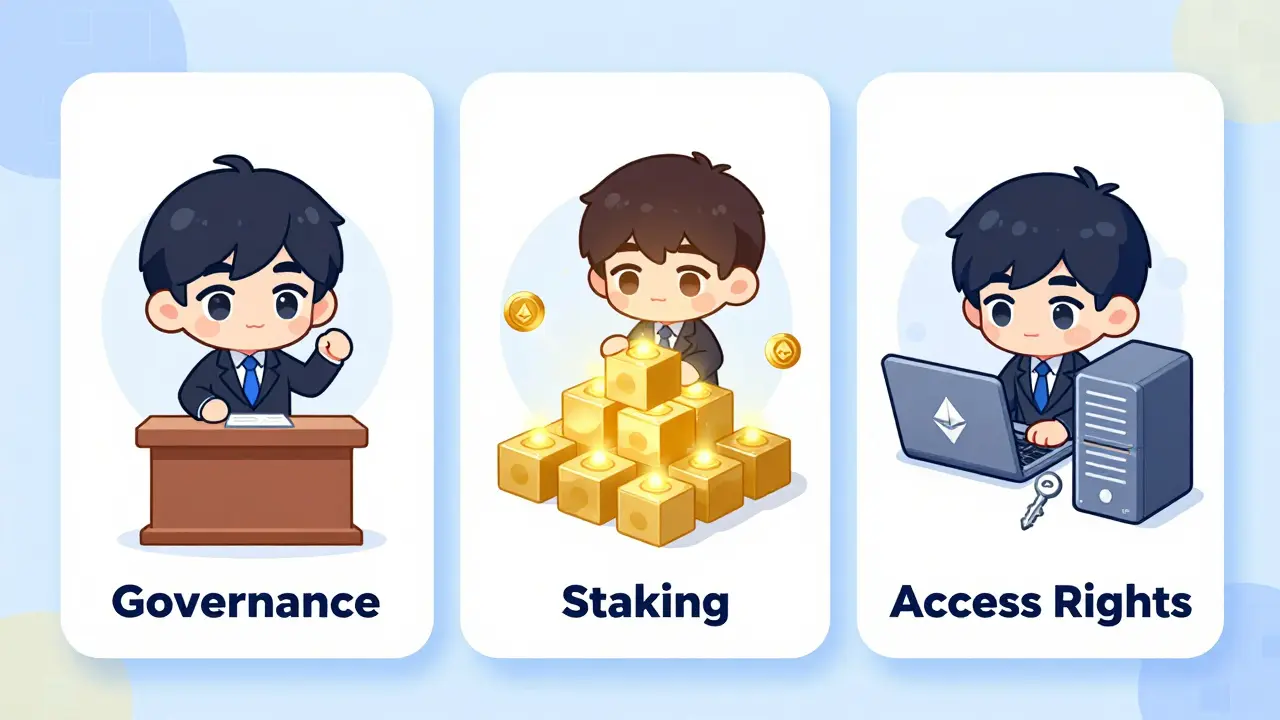 A clean, pastel-colored anime infographic featuring three mascots illustrating DIA's utility functions: governance voting, staking for security, and access rights for developers, set against a subtle blockchain pattern background.