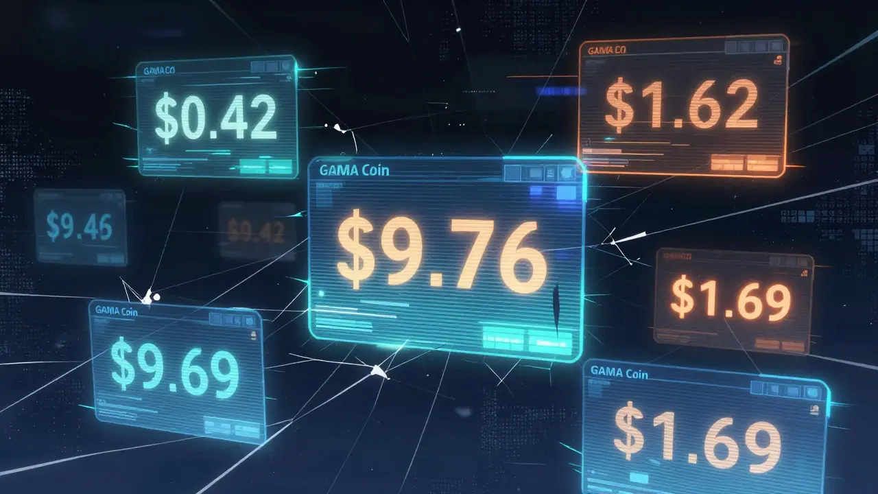 Abstract anime art showing fragmented screens with conflicting crypto prices