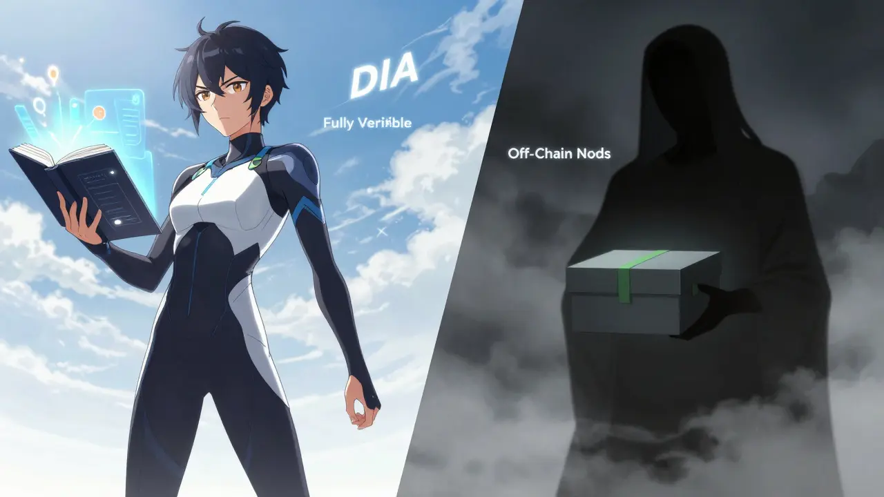 An anime-style comparison scene showing a transparent, confident character representing DIA with an open book of transactions versus a shadowy figure representing Chainlink with a sealed box, set against a backdrop of clear skies and fog to symbolize transparency differences.