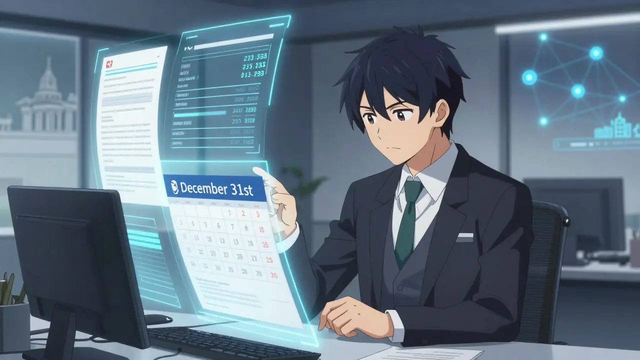 Anime accountant reviewing crypto tax docs in office