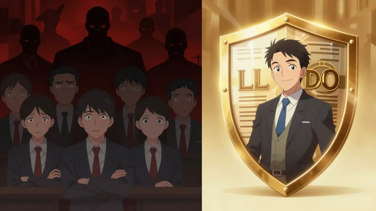 Anime art contrasting dark shadows of liability with a bright golden shield of legal protection.