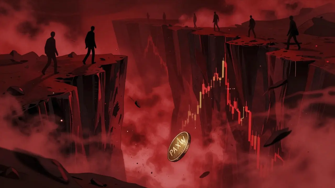 Anime art of a token falling off a cliff as anonymous developers walk away.