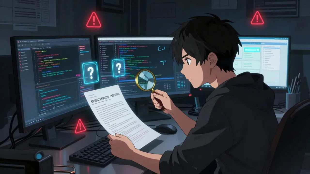 Anime character analyzing blockchain data and contract codes on glowing screens