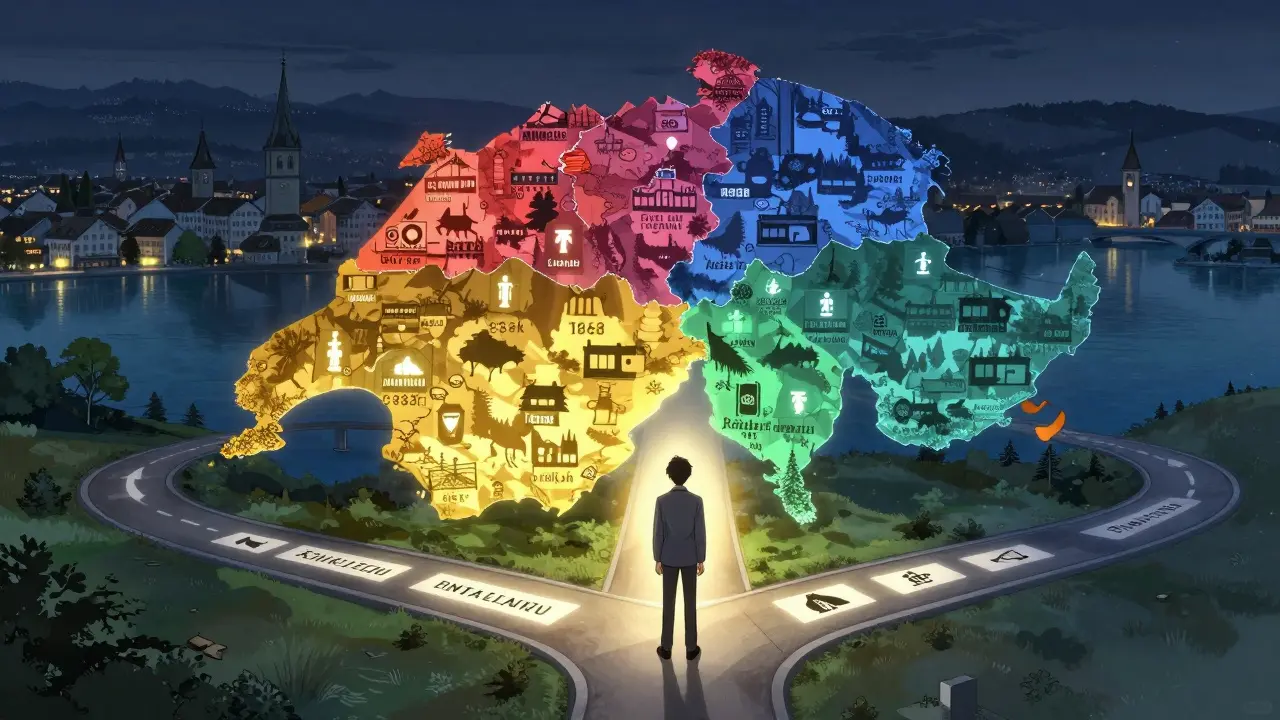 Anime character choosing tax strategy on Swiss map