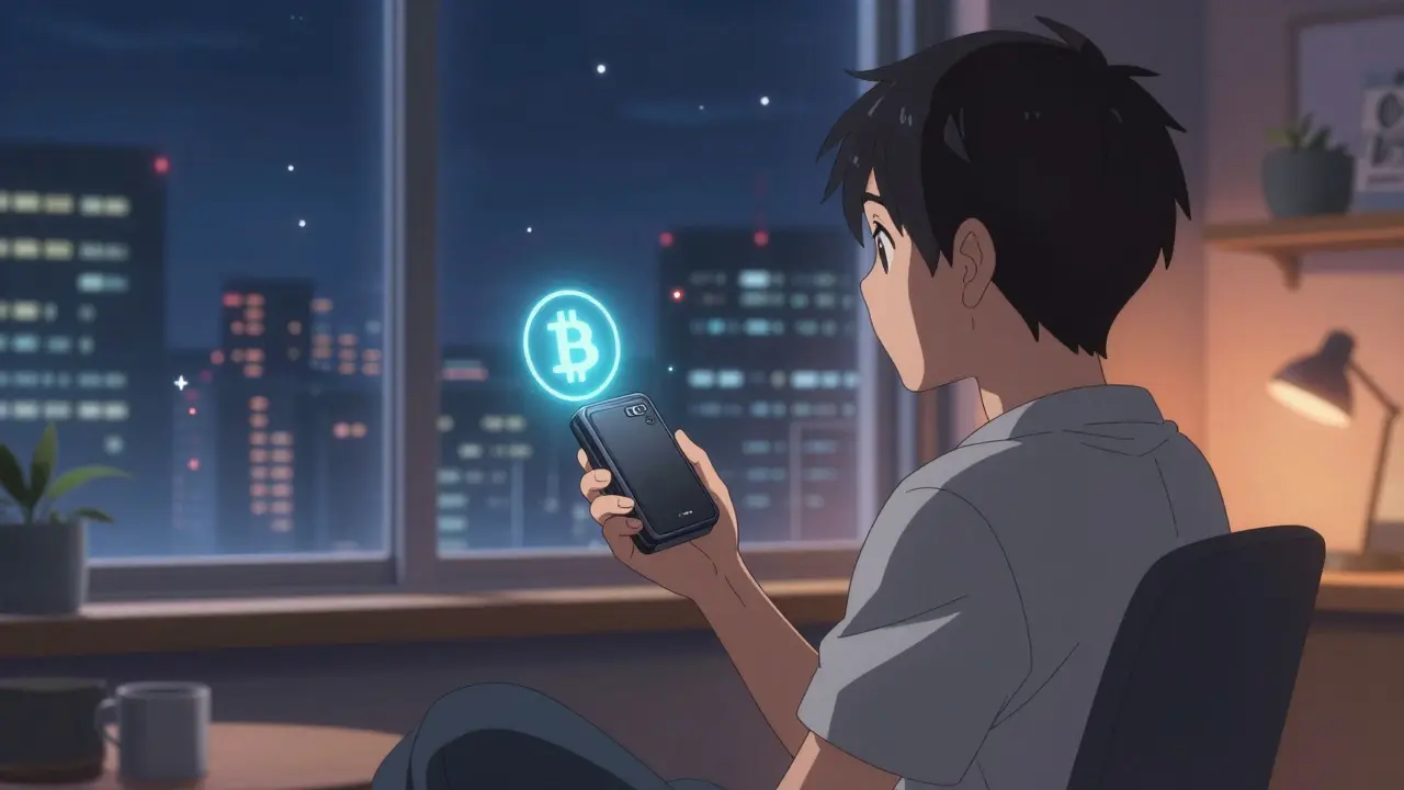 Anime character holding a glowing secure wallet while looking at a digital cityscape