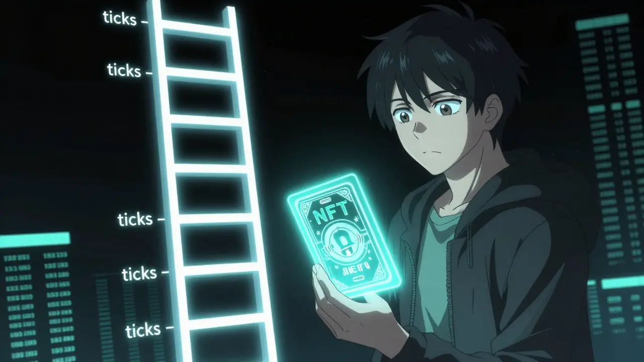 Anime character holding an NFT card near a light ladder representing price ticks in Uniswap v3.