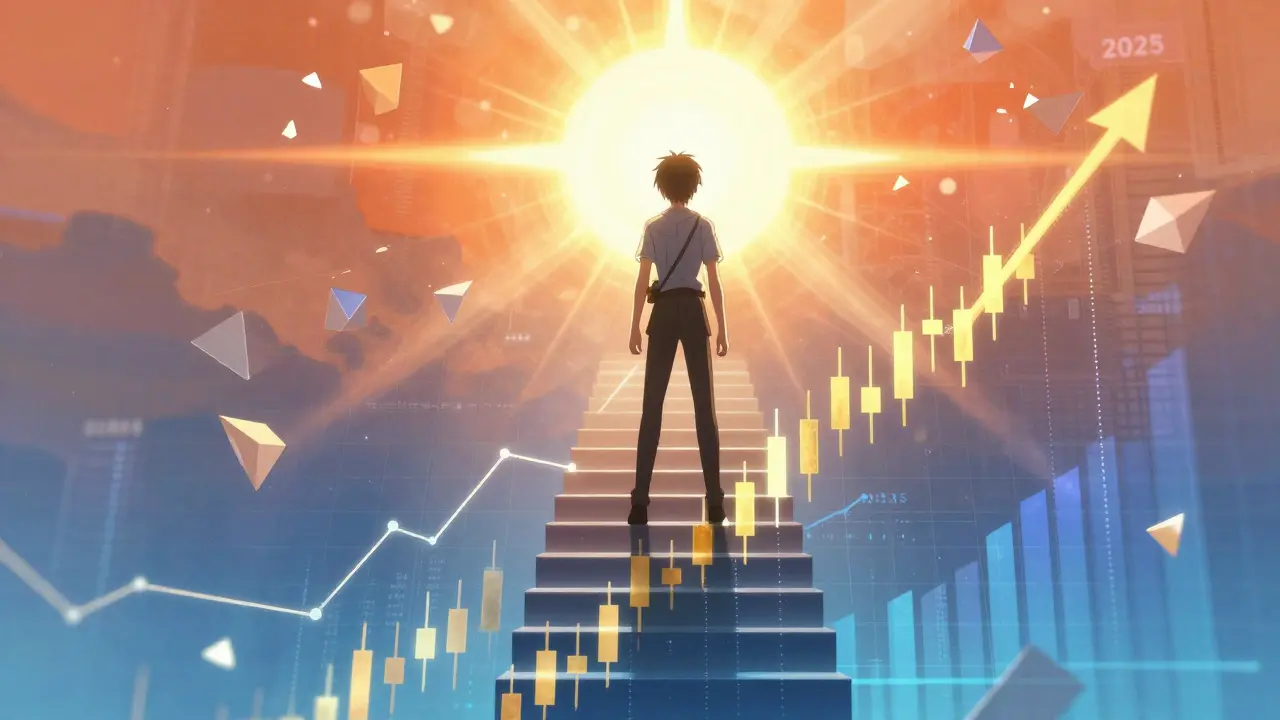 Anime character standing on rising crypto chart stairs towards sun