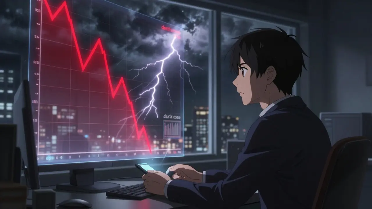 Anime character viewing a crashing red stock chart hologram in a stormy room