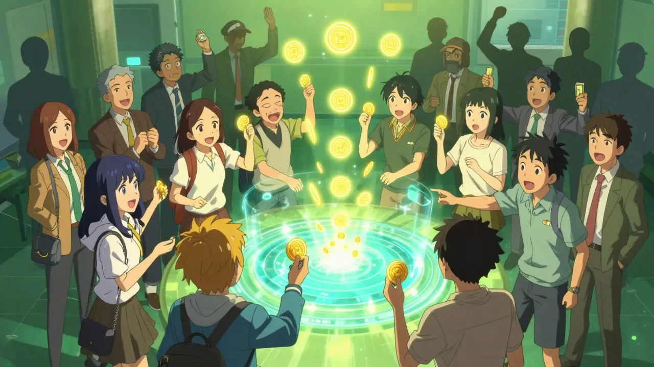 Anime characters gathering around a hologram, representing community-first token distribution and fairness.