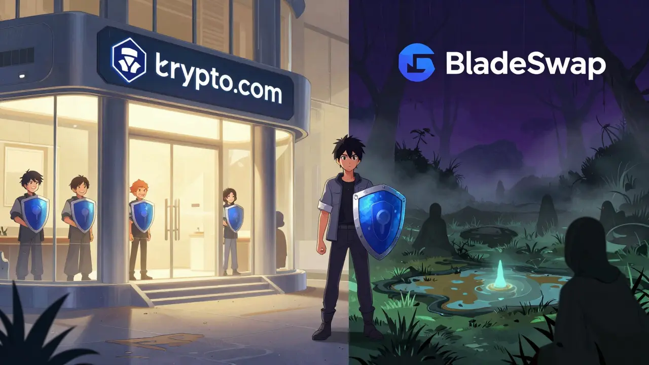Anime comparison of secure banks versus risky shadowy crypto swamps
