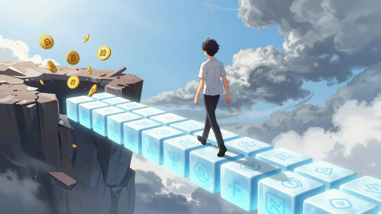 Anime figure choosing safe crypto path over crumbling scam cliff
