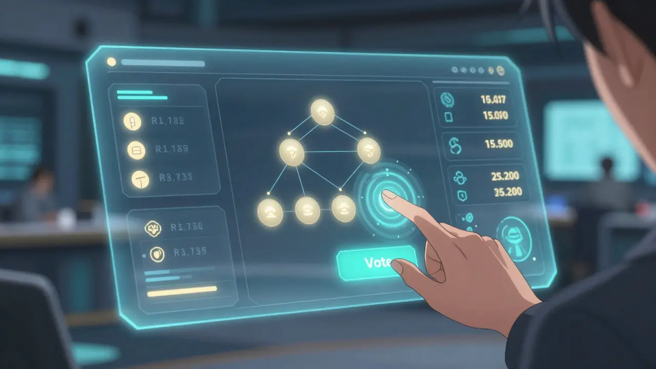 Anime hand interacting with a futuristic voting dashboard interface
