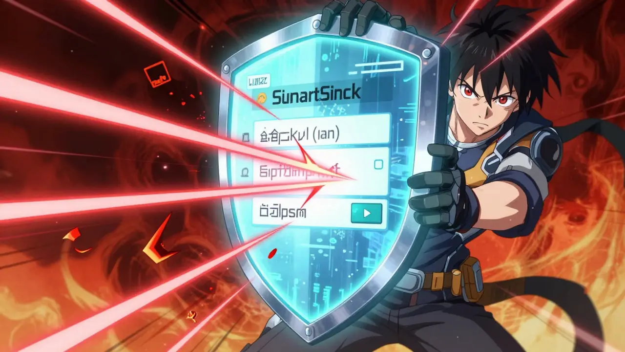 Anime hero defending digital wallet from glitchy attack monsters