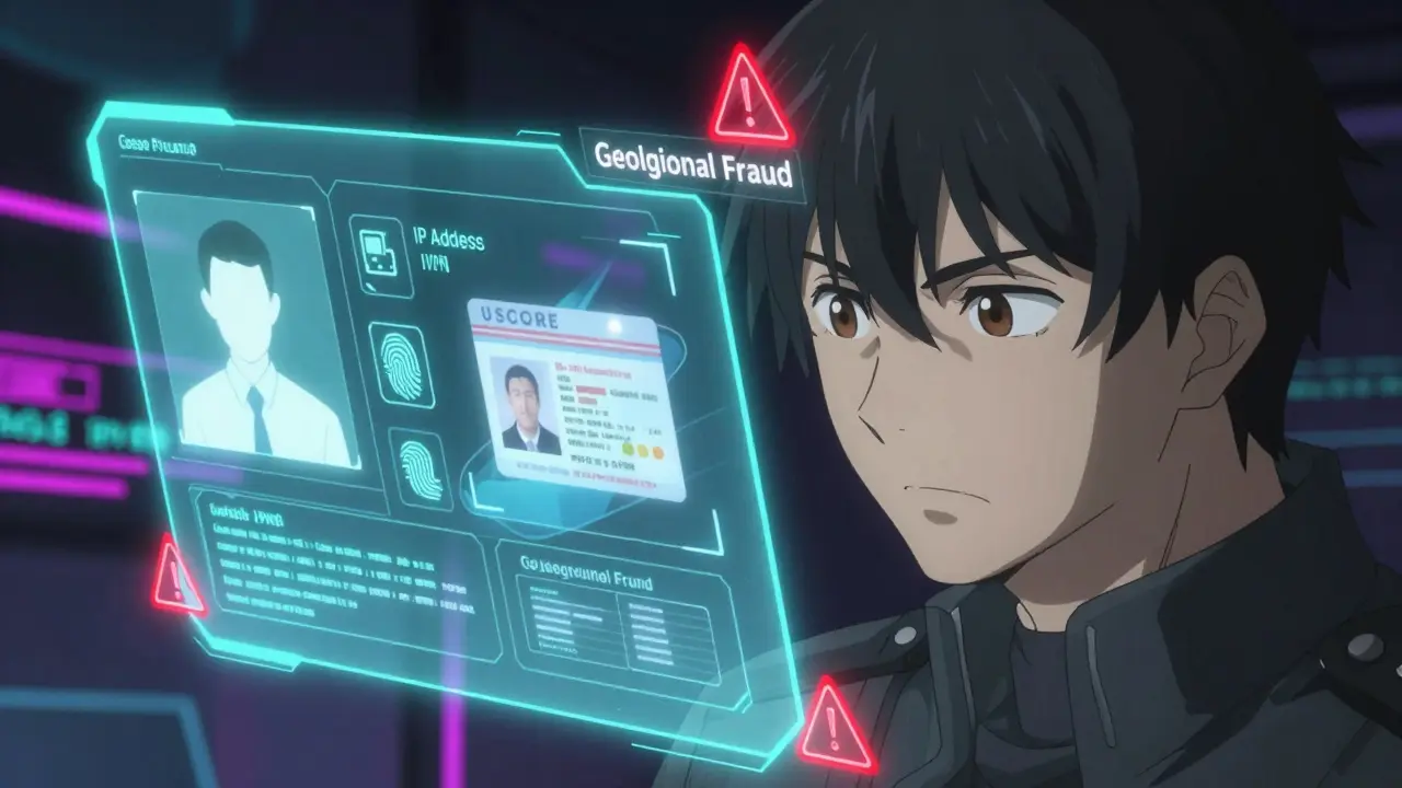 Anime hologram showing KYC verification and geolocation fraud detection