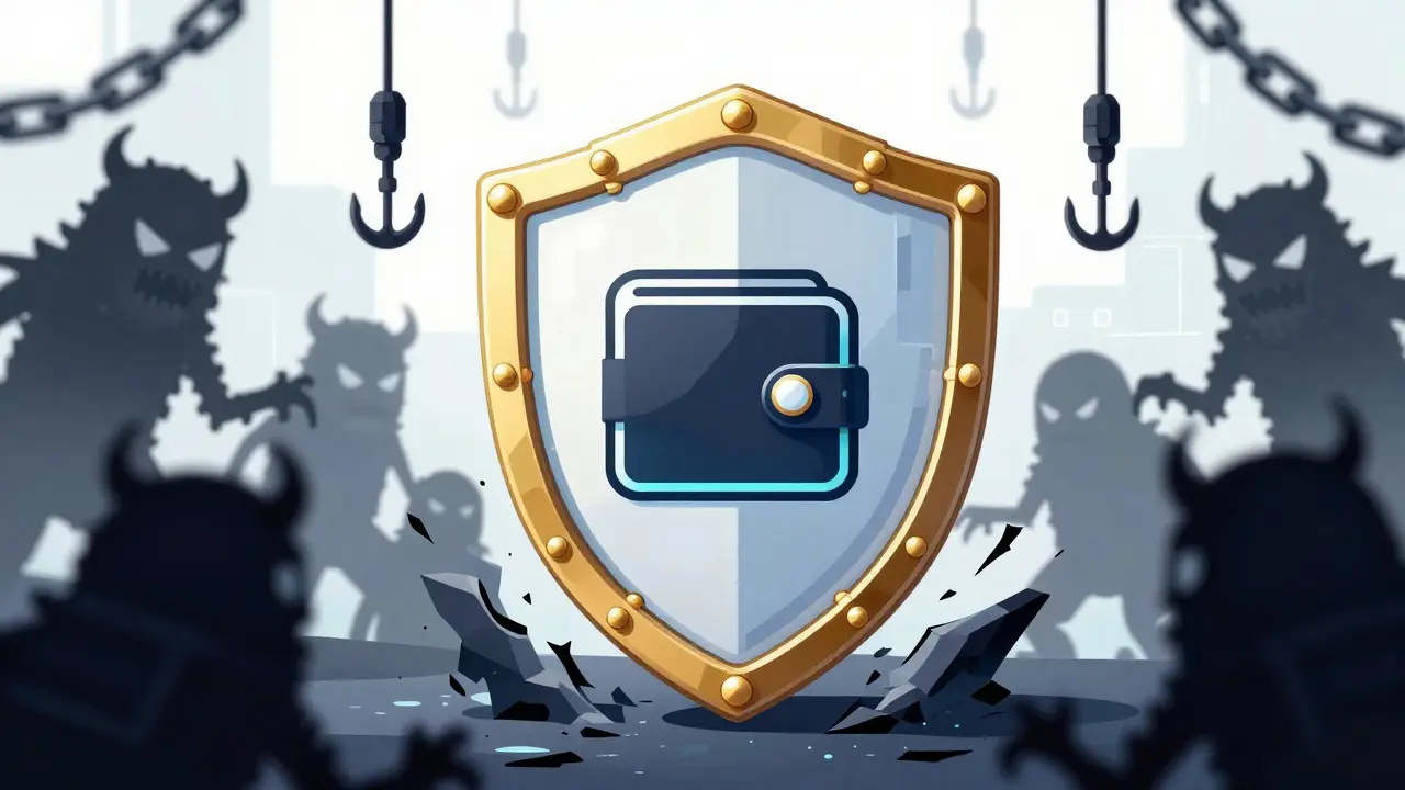 Anime illustration of a digital wallet protected by a shield from phishing scams.